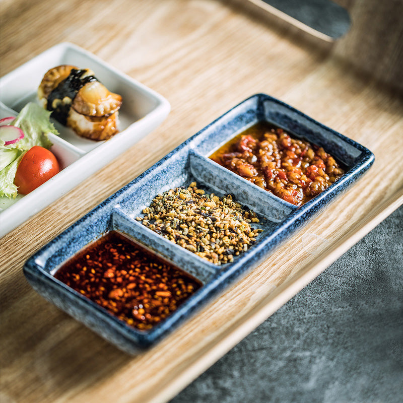 Japanese Three Grid Seasoning Dish With Dipping Material Ceramic Dish