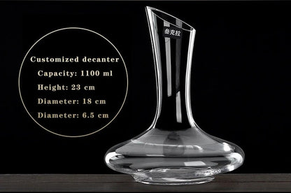 Clear glass decanter with dimensions on a black background