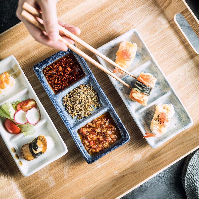 Japanese Three Grid Seasoning Dish With Dipping Material Ceramic Dish