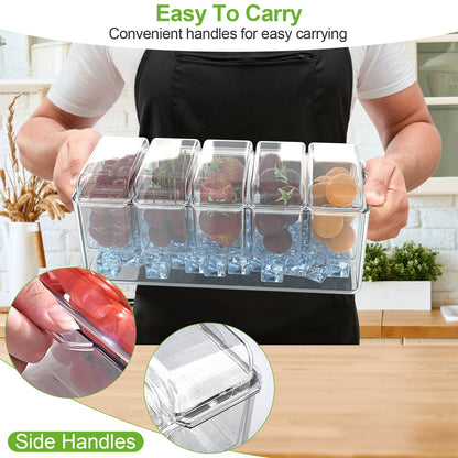 1Set Ice Chilled Condiment Caddy Serving Tray Container Bar Garnish Holder Salad Platter Server Food Storage With 5 Removable Containers 5 Lids 2 Tongs 5 Sporks