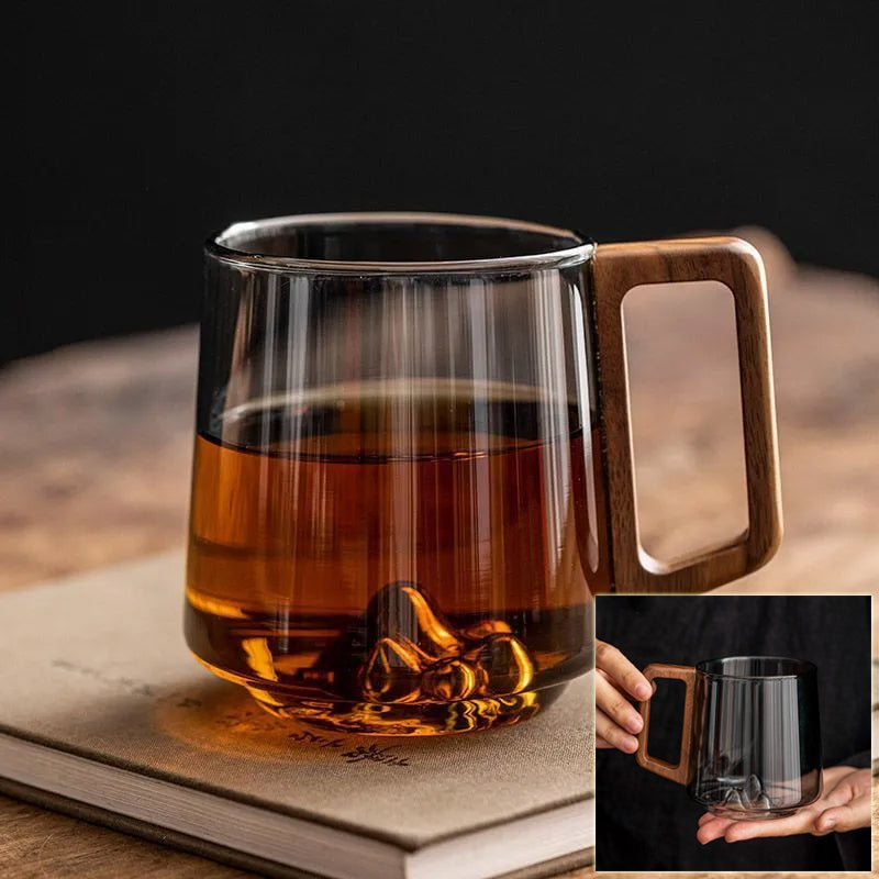 Guanshan Glass Cup Wooden Handle | Large Capacity Milk Tea Juice Mug