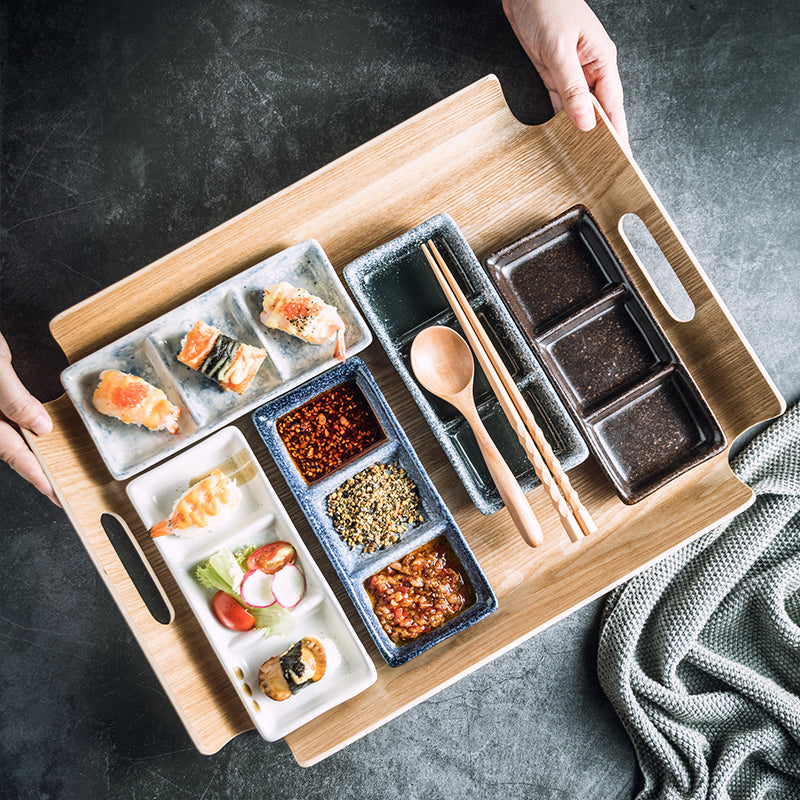 Japanese Three Grid Seasoning Dish With Dipping Material Ceramic Dish