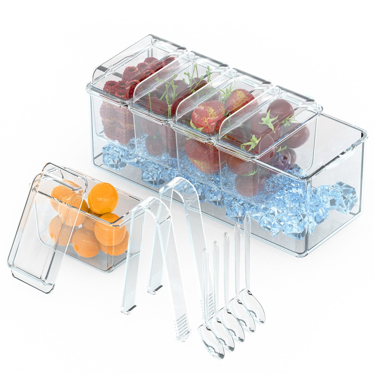 1Set Ice Chilled Condiment Caddy Serving Tray Container Bar Garnish Holder Salad Platter Server Food Storage With 5 Removable Containers 5 Lids 2 Tongs 5 Sporks