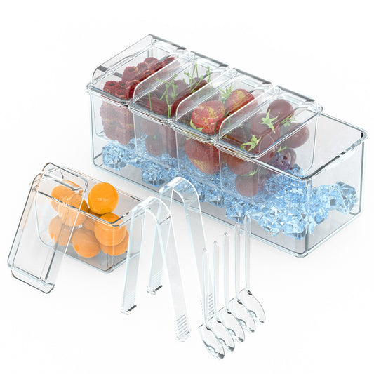 1Set Ice Chilled Condiment Caddy Serving Tray Container Bar Garnish Holder Salad Platter Server Food Storage With 5 Removable Containers 5 Lids 2 Tongs 5 Sporks