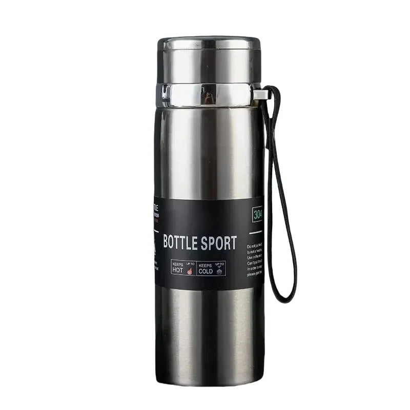 Silver insulated bottle with black label on a white background