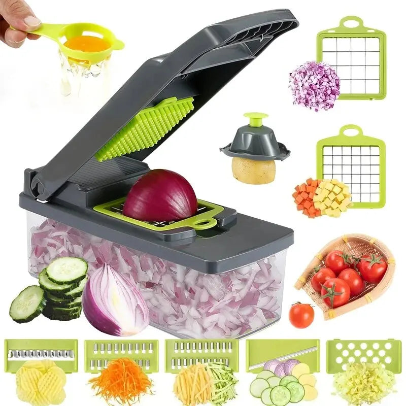 Multifunctional vegetable chopper with various attachments and chopped vegetables displayed on a white background.