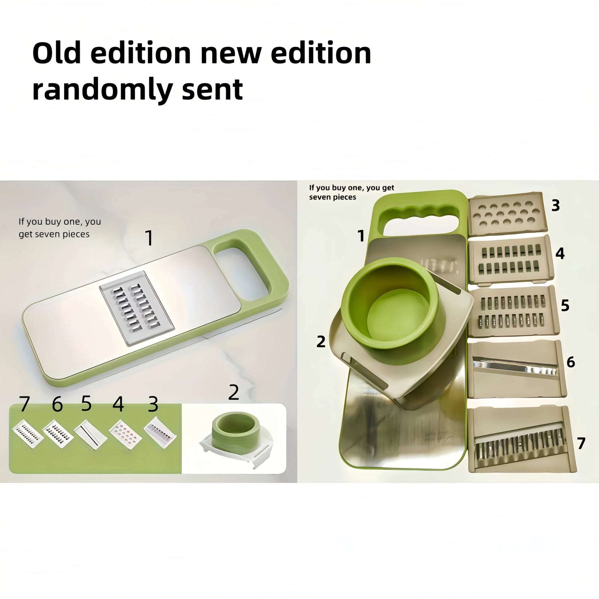 Comparison of old and new edition vegetable chopper sets with text indicating quantity offer.