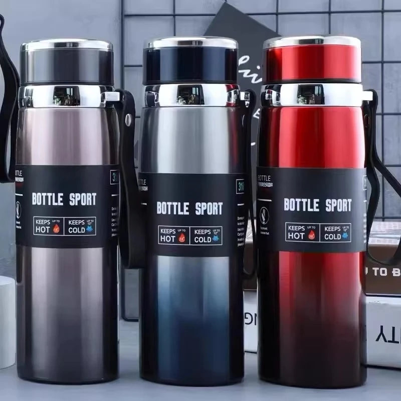Three insulated bottles with 'Bottle Sport' branding on a gray surface.
