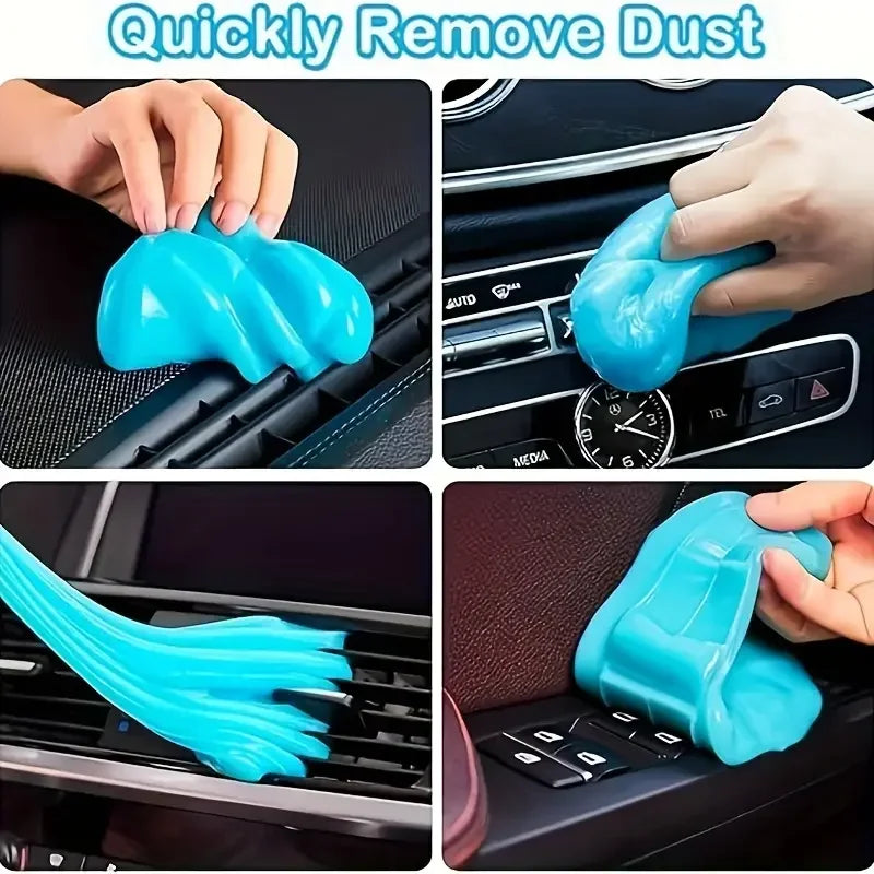 Collage of a blue car cleaning tool being used to remove dust from car interiors.
