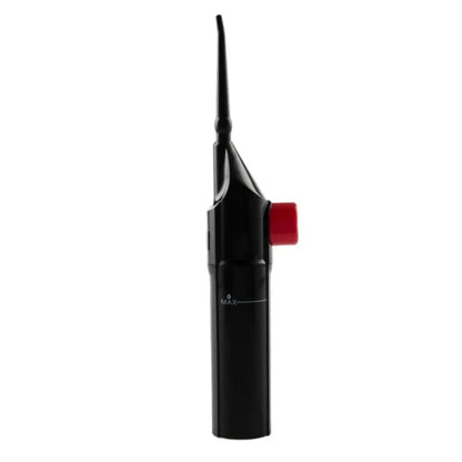 Black and red dental tool on a white background