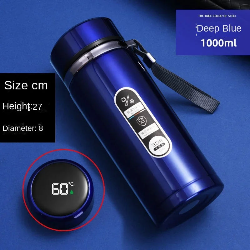 Blue thermos bottle with digital display on a blue background