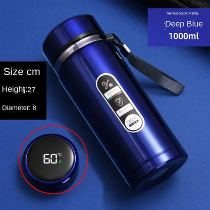 Blue thermos bottle with digital display on a blue background