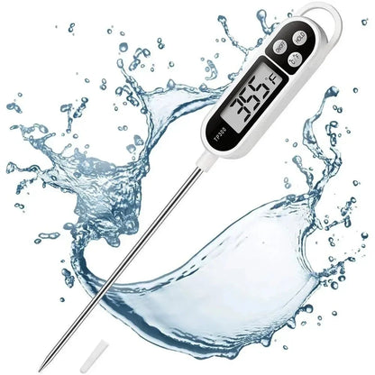 Digital thermometer with a probe in water, displaying temperature.