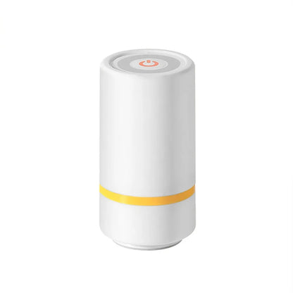 White cylindrical device with a yellow band and power symbol on a white background
