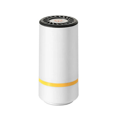 White cylindrical device with a black top and yellow accent on a white background