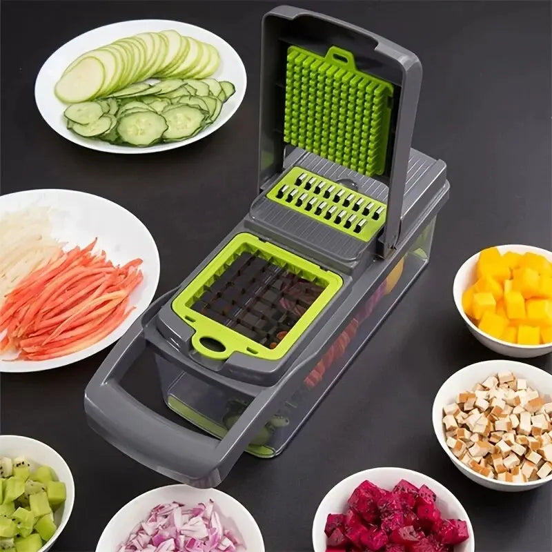 Multifunctional vegetable chopper with various sliced vegetables on a dark surface
