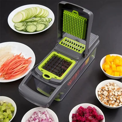Multifunctional vegetable chopper with various sliced vegetables on a dark surface