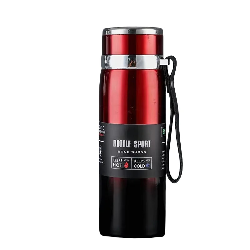 Red and black insulated bottle with a strap on a white background