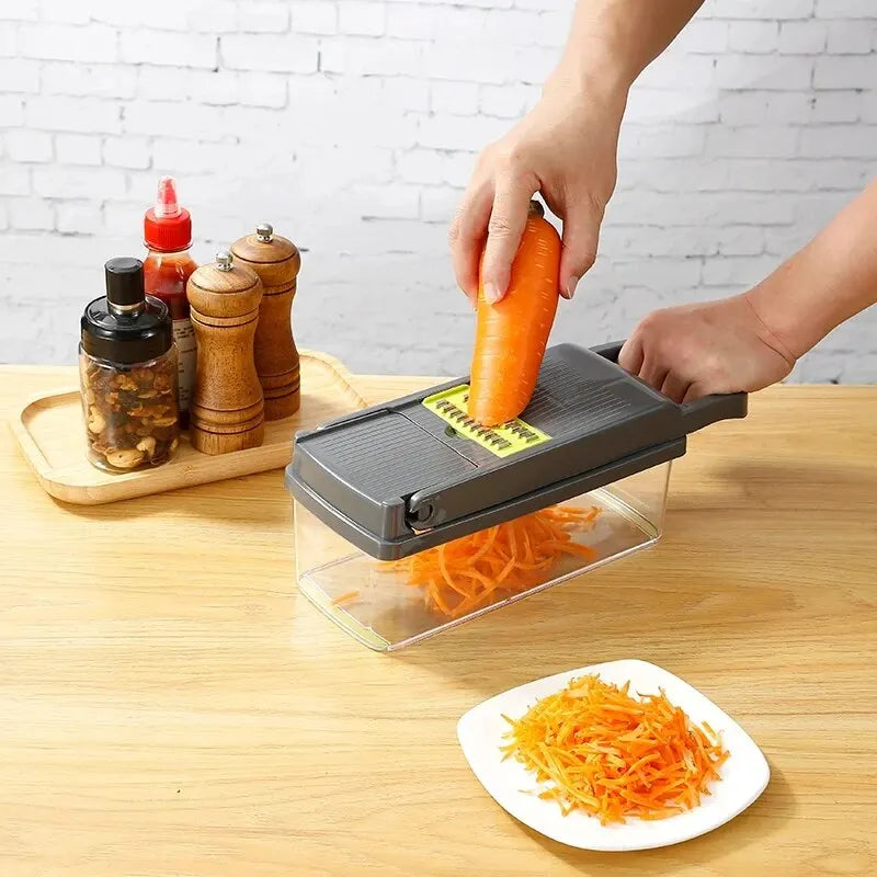 Person using a carrot shaver to shred a carrot on a wooden countertop with a white brick wall background.