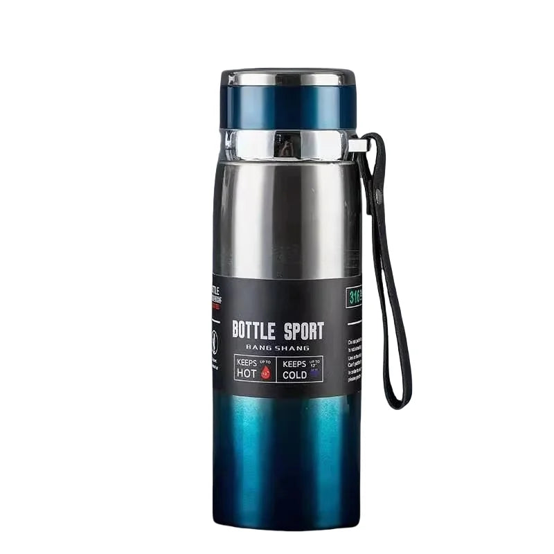Blue and silver insulated bottle with a black label on a white background