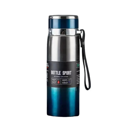 Blue and silver insulated bottle with a black label on a white background