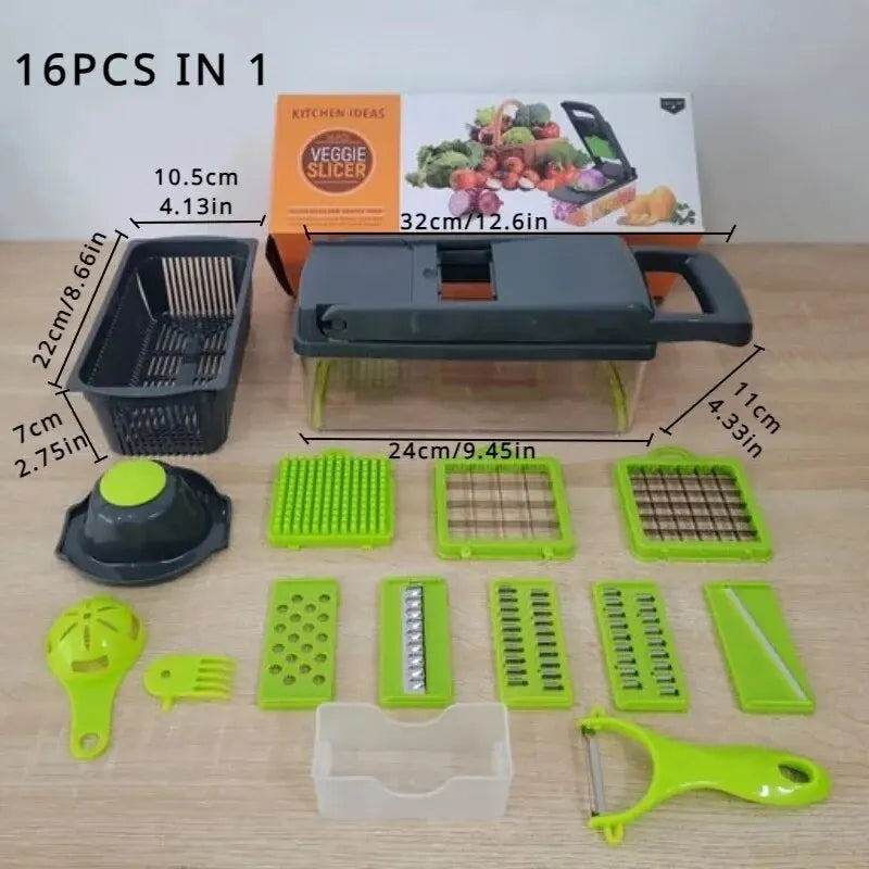 16-piece kitchen vegetable slicer set with measurements on a wooden surface