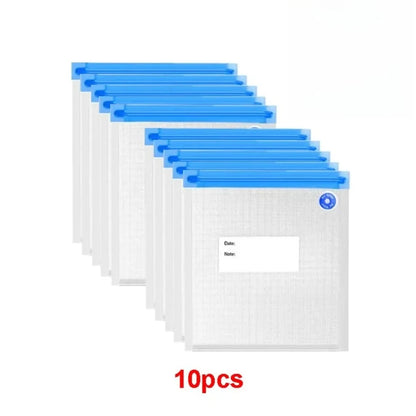 Set of 10 blue-sealed clear plastic bags on a white background