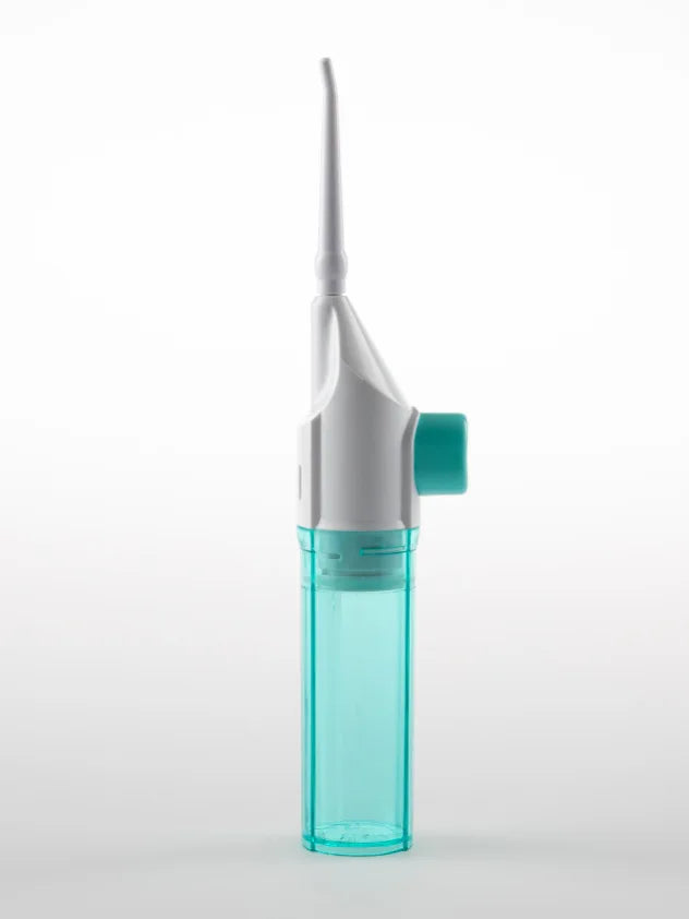 Teal and silver nasal aspirator on a white background