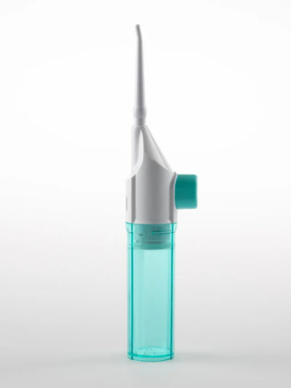 Teal and silver nasal aspirator on a white background