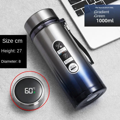 Gradient green and blue thermos bottle with digital temperature display on a gray surface.
