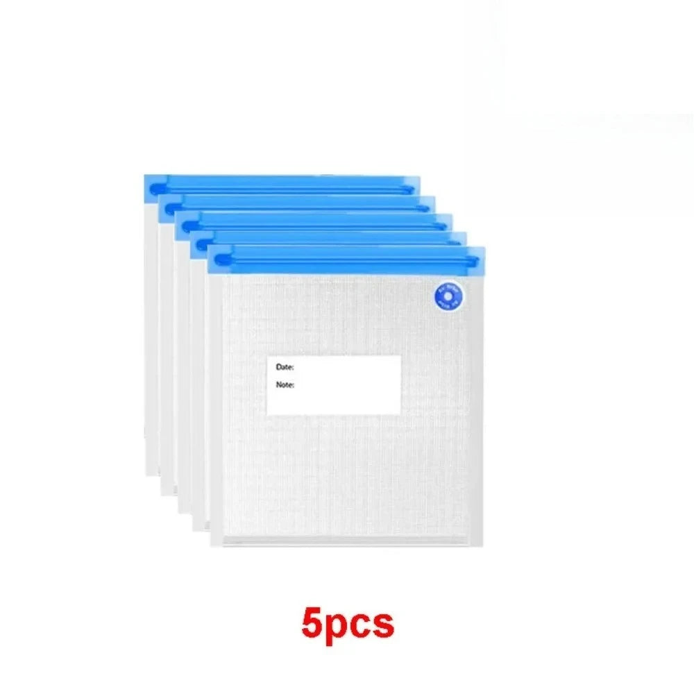 Set of five clear plastic bags with blue lids on a white background