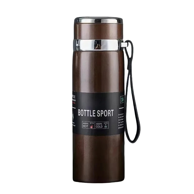 Brown insulated bottle with a black label on a white background