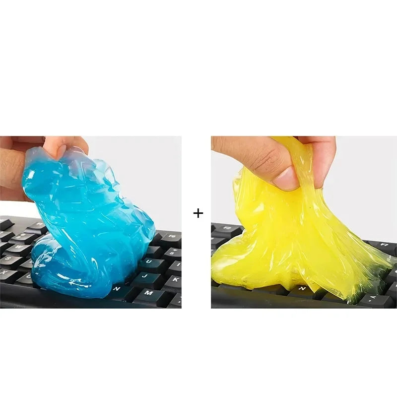 Blue and yellow putty being used on a keyboard