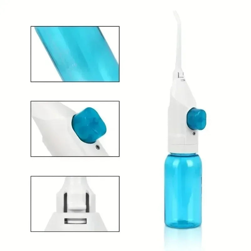 White and blue dental water flosser with close-up insets on a white background