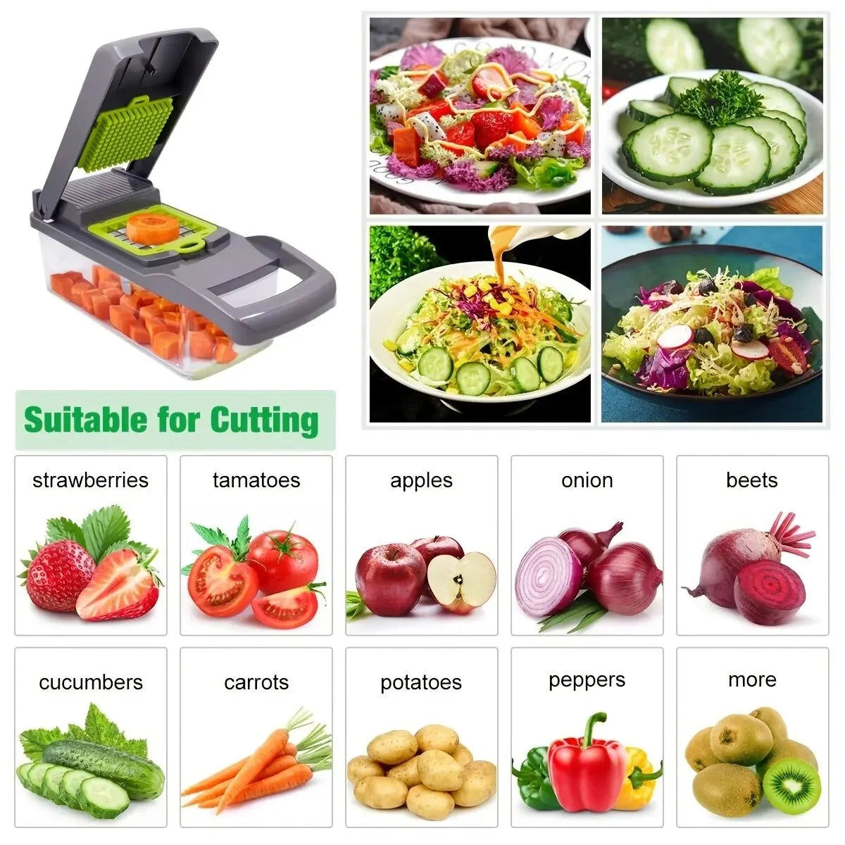 Vegetable chopper with images of chopped vegetables and salads